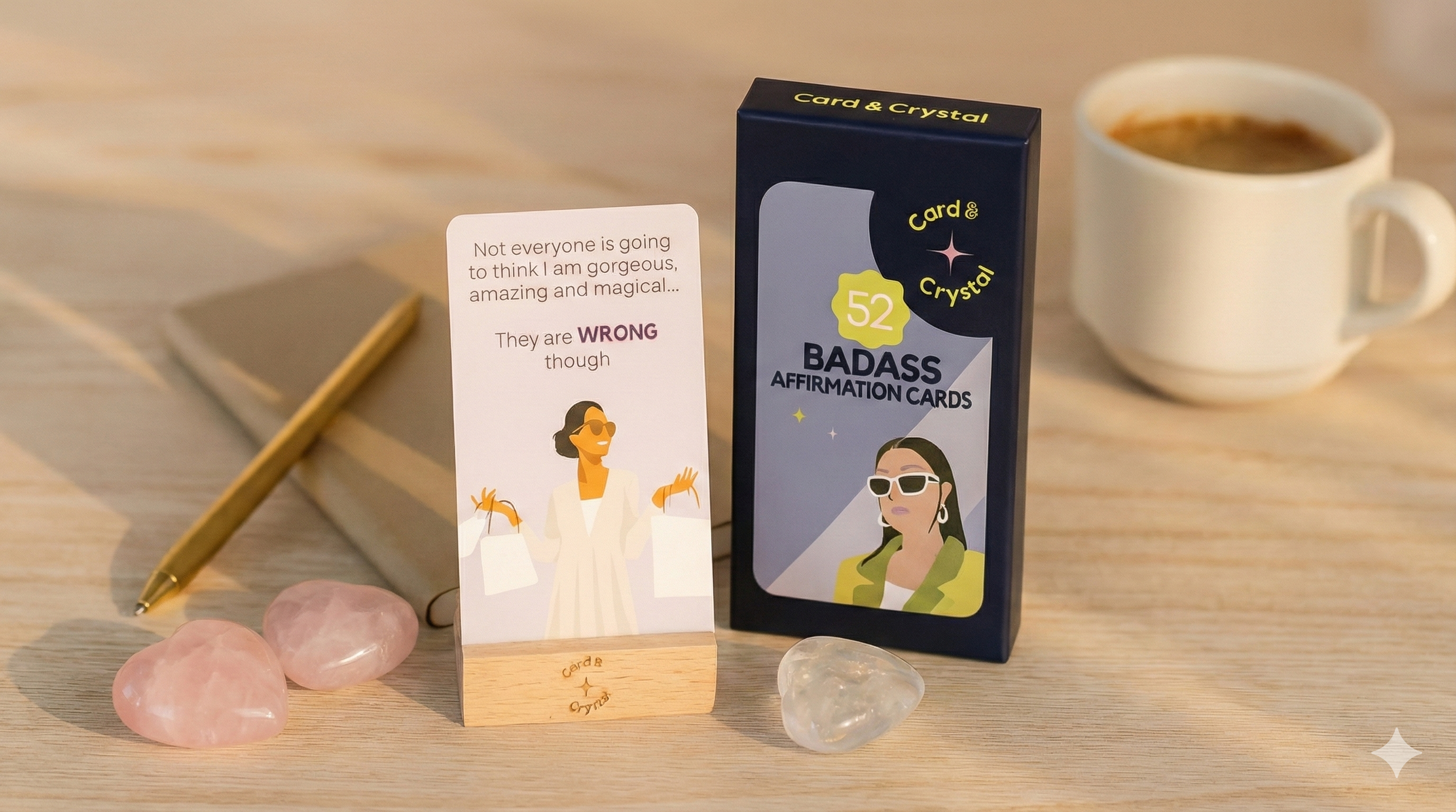 Badass affirmation cards with a box, crystals, and a cup of coffee on a wooden surface