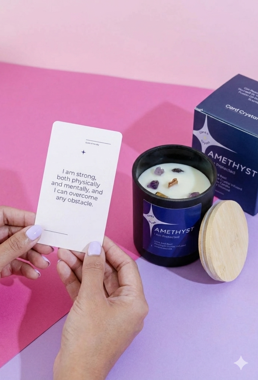 Affirmation Card and Crystal Infused Candle Bundle