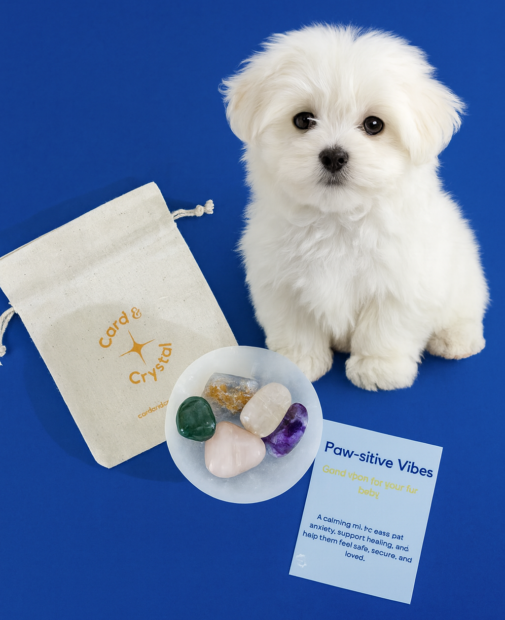 Small white dog with a bag of crystals and a card on a blue background