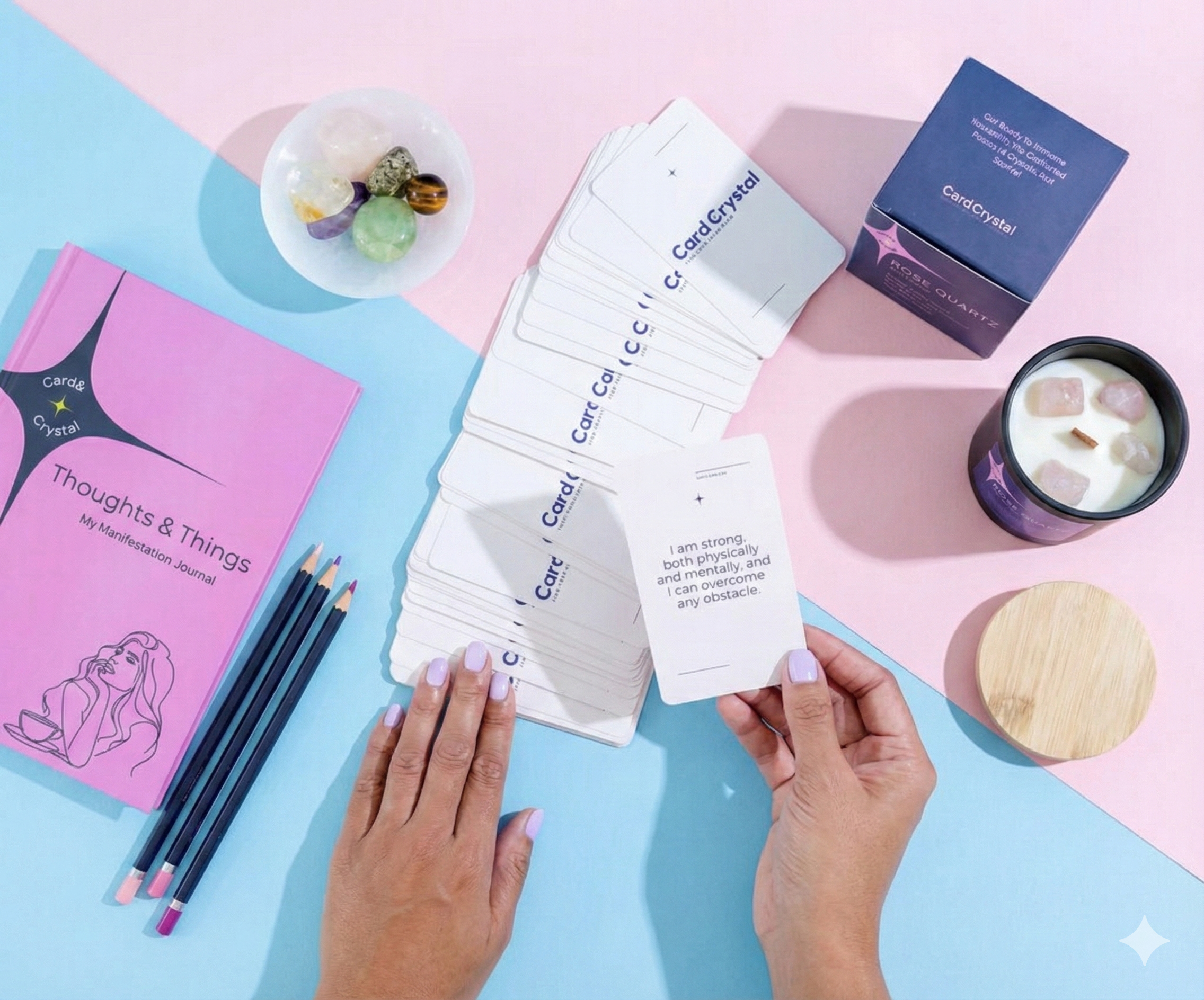 Hands holding cards with 'Calm Crystal' branding on a colorful background with candles and pencils.