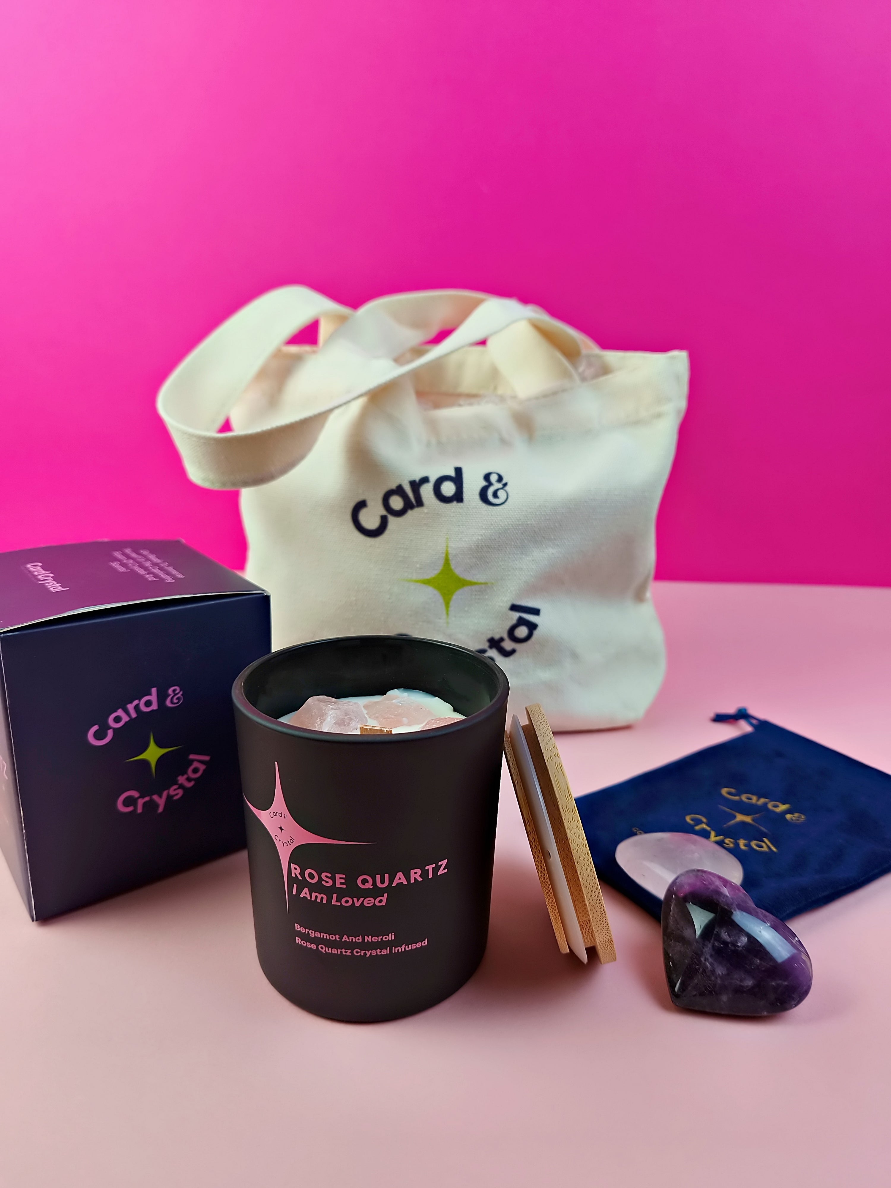 Crystal-Infused Candle + 2 Heart Crystals Set