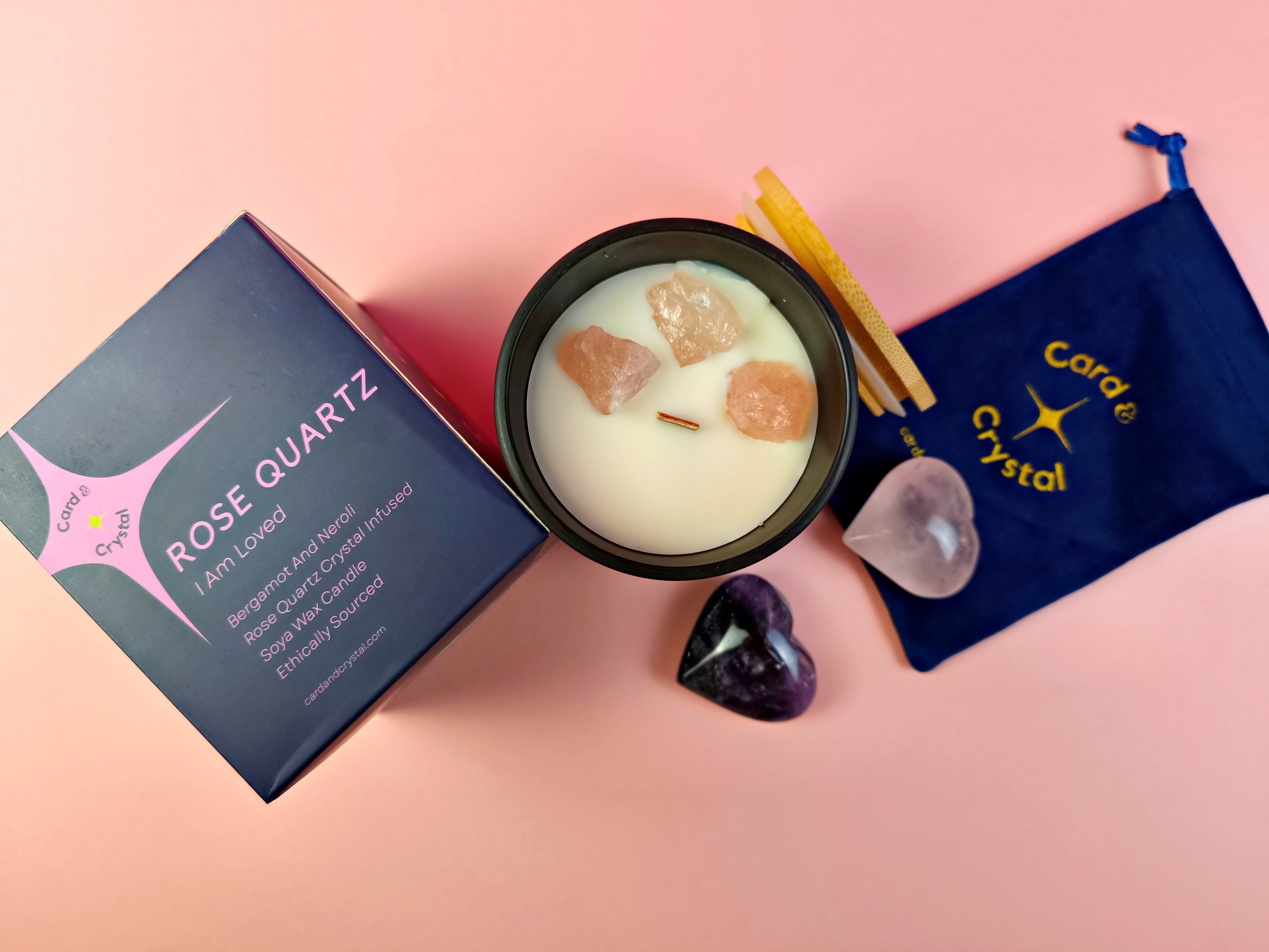 Crystal-Infused Candle + 2 Heart Crystals Set